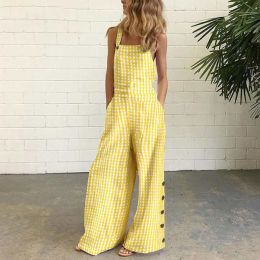 Summer Plaid Women Jumpsuits Sling High Waist Wide Leg Female Overalls Girls 2021 Streetwear Casual Loose Lady Jumpsuit Buttons - Yellow - L