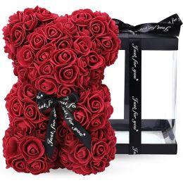10" Rose Teddy Bear - Artificail Everlasting Flower for Window Display - Anniversary Christmas Valentines Gift - Clear Gift Box Included - dark red